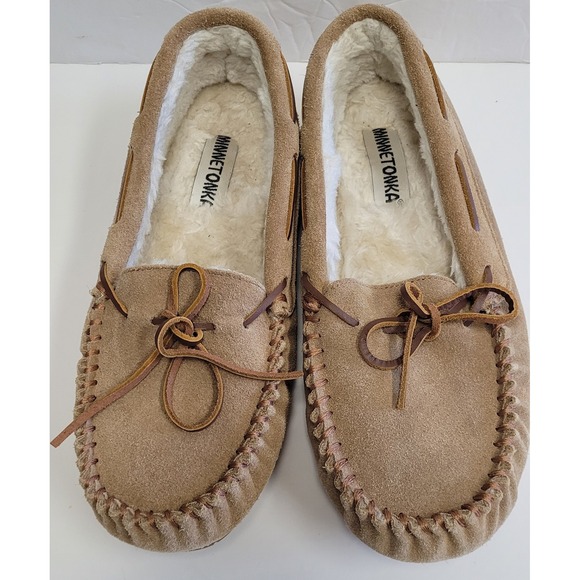 Minnetonka Cally Slippers  Tan‎  Suede Soft Faux Fur Women's Shoes Size 11M - Picture 1 of 10